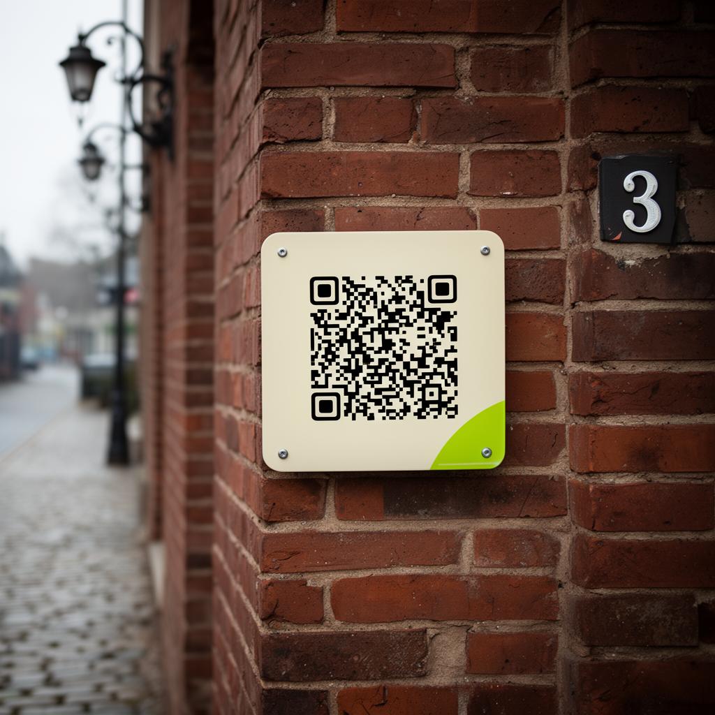 Outdoor weather-rated QR plaque mounted on a red-brick wall of a historic downtown storefront