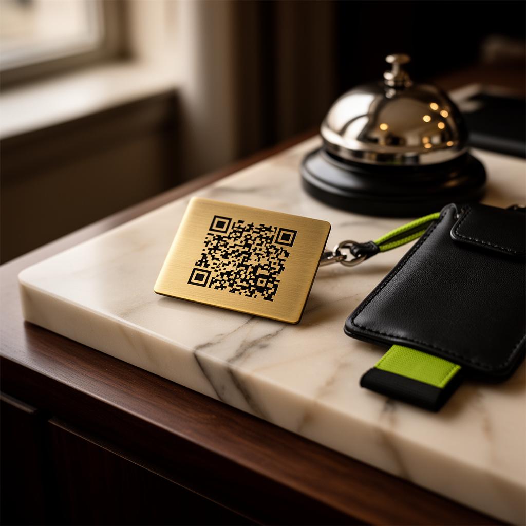 Brushed brass QR card on a marble hotel concierge desk next to a leather key-card holder