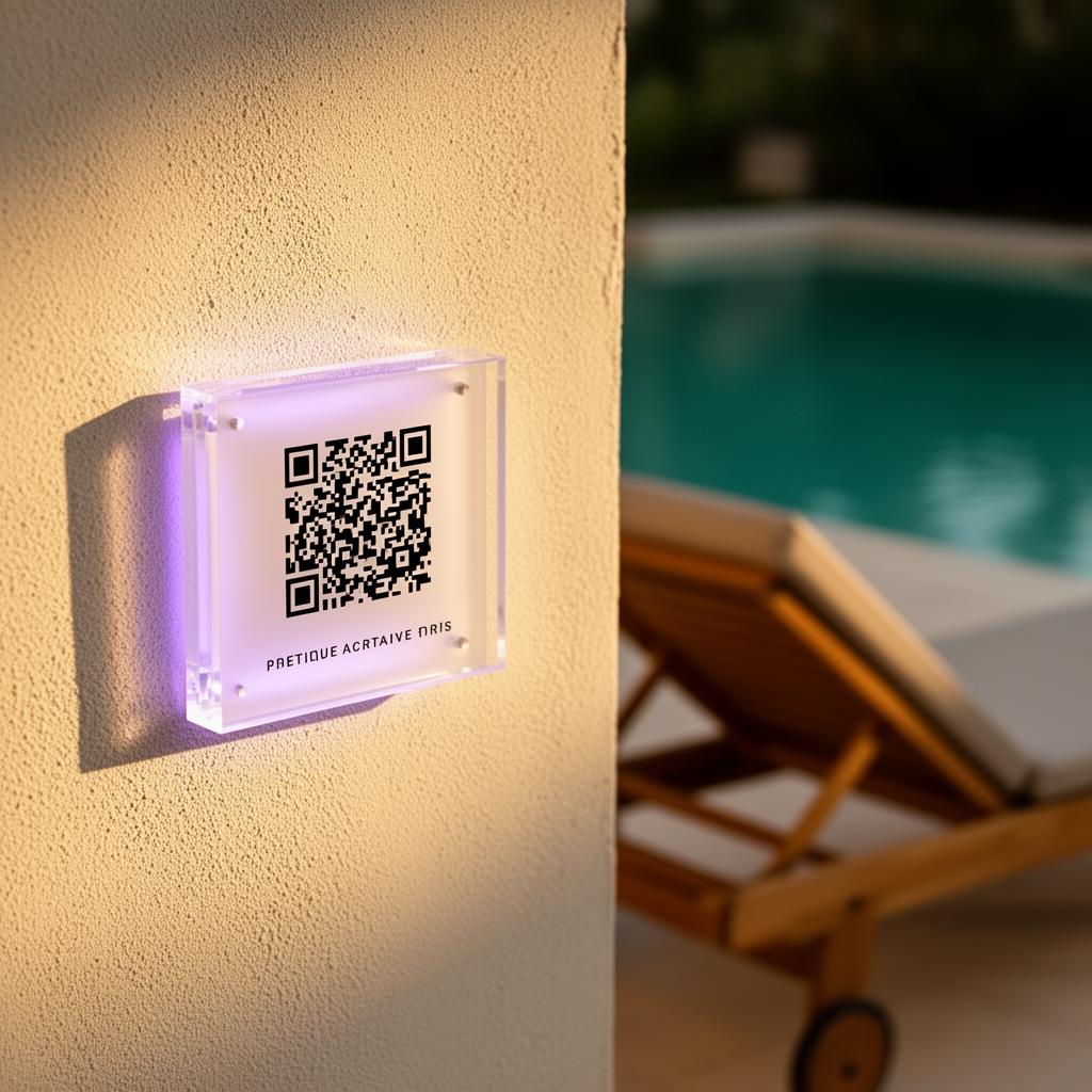 Edge-lit acrylic QR plaque mounted on a stucco wall beside a boutique vacation rental pool at golden hour